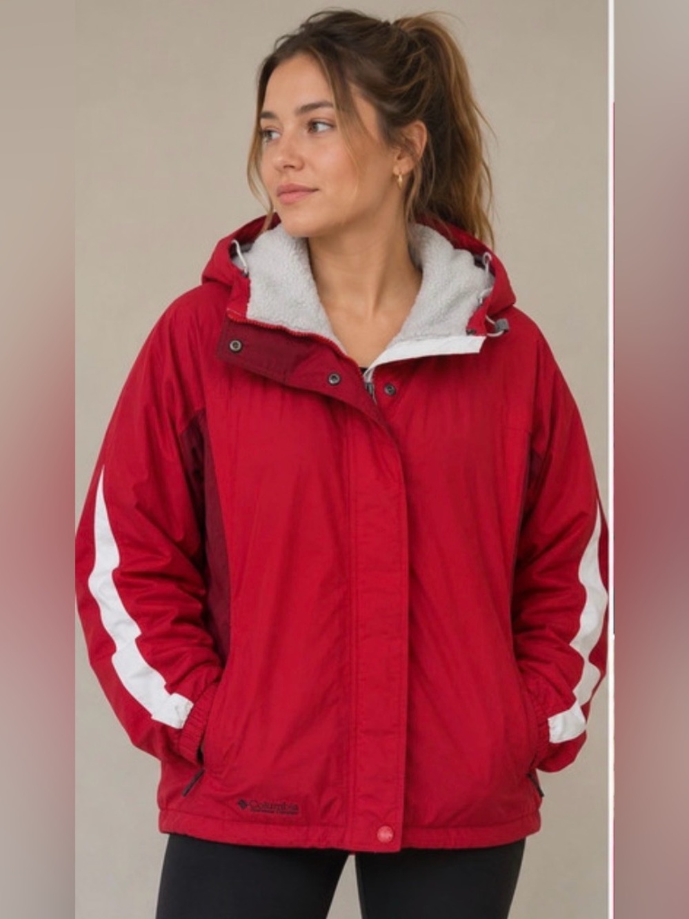 Columbia Jacket Women’s Medium Hooded Snow Winter Red White